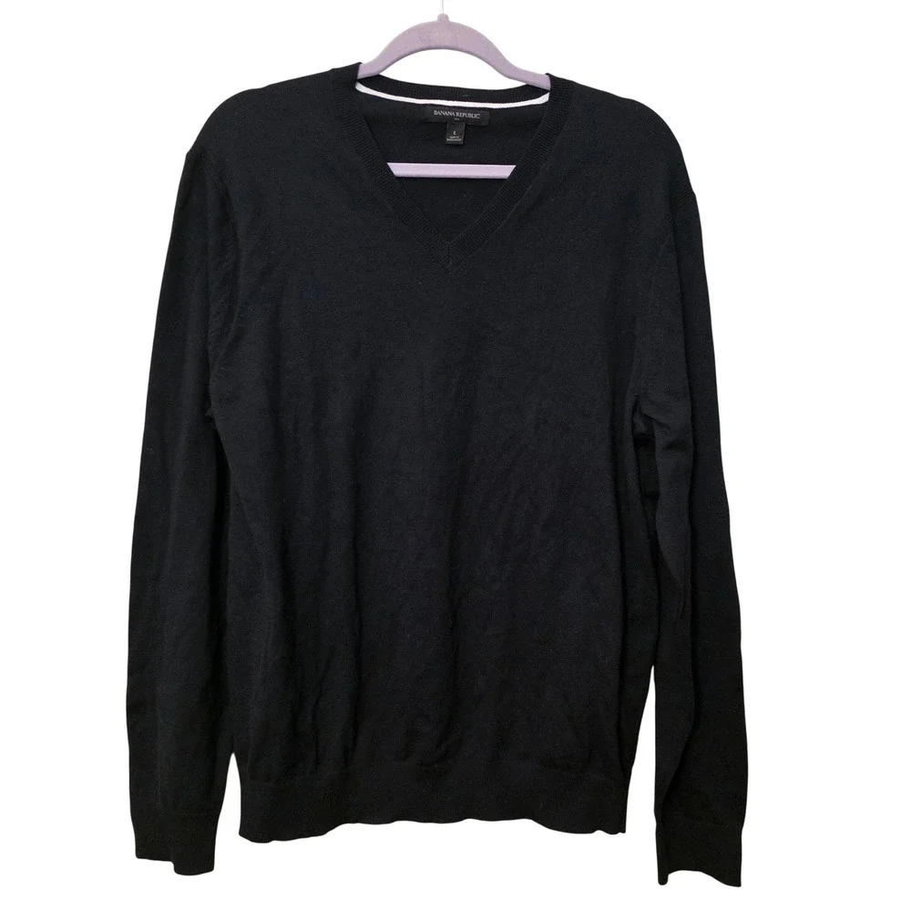 Banana Republic Mens V-Neck Sweater Black Long Sleeve Cotton Blend Size L
